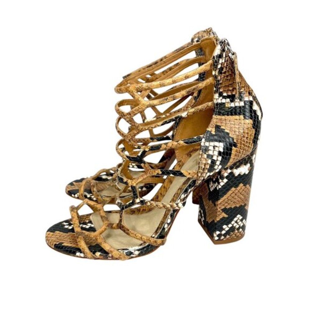 Schutz Julianna Leather Block Heel Caged Sandals Snake Print Brown SZ 8 NEW